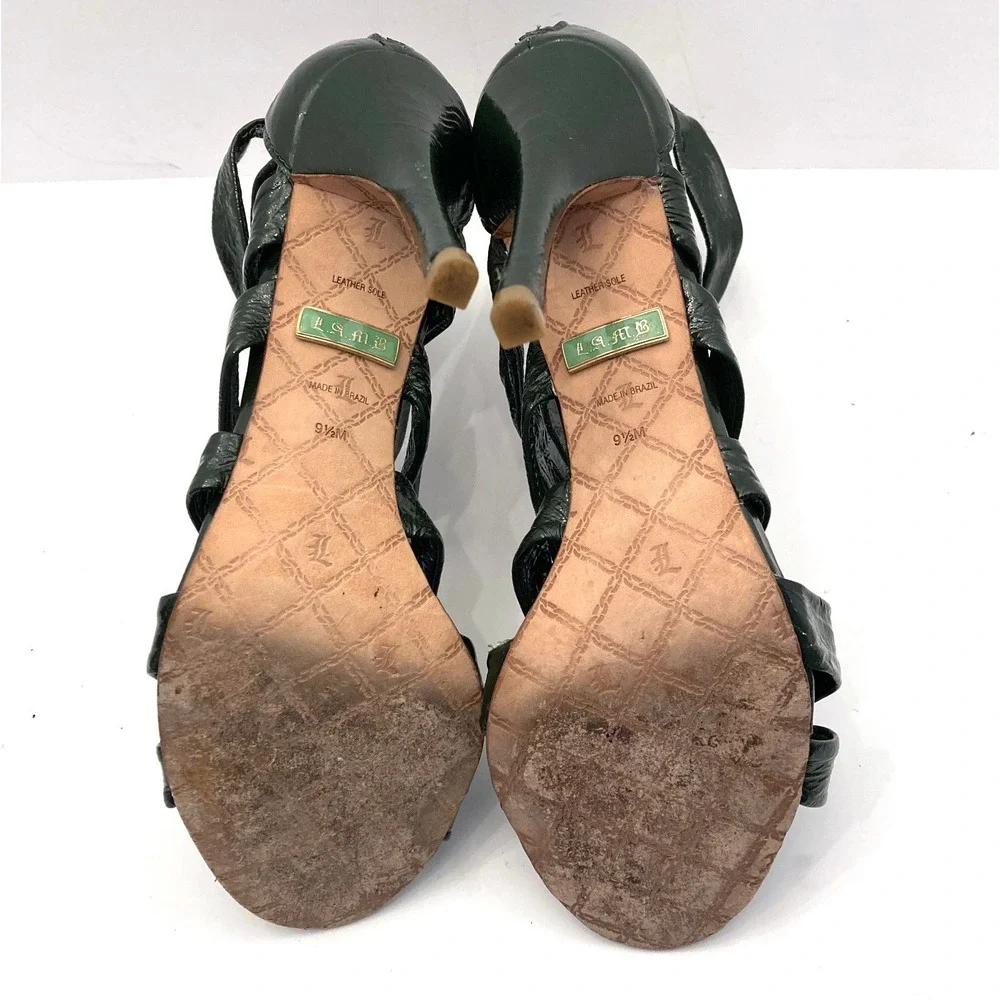 L.A.M.B. Tizzy Heels Green Patent Leather Crisscross Strappy Stiletto Womens 9.5